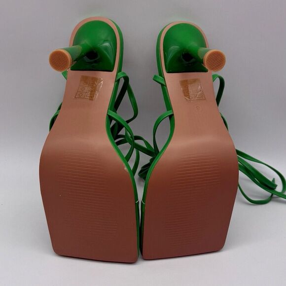 PrettyLittleThing Pu ThongLace Tie Up Circle Heeled Sandals New - Picture 4 of 8